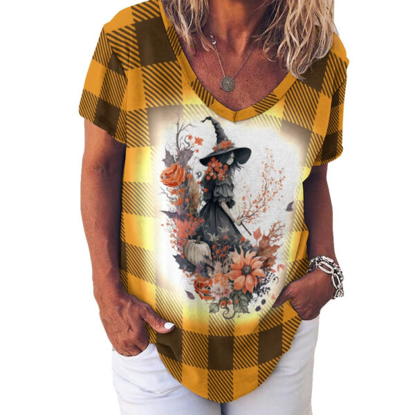 Buffalo Plaid  Witch Ladies V-Neck Loose Short Sleeve T-Shirt - Image 7