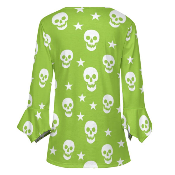 Green Skull Print Ruffled Petal Sleeve Top - Image 5
