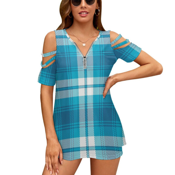 Ladies Blue Plaid BE Zip Off Shoulder Top - Image 2