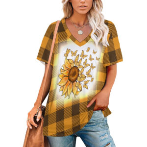 Buffalo Plaid  Sunflowers and Butterflies V-Neck Loose Short Sleeve T-Shirt