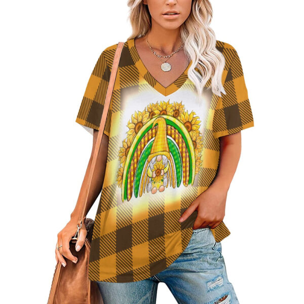 Buffalo Plaid  Gnome Sunflower Rainbow V-Neck Loose Short Sleeve T-Shirt - Image 3