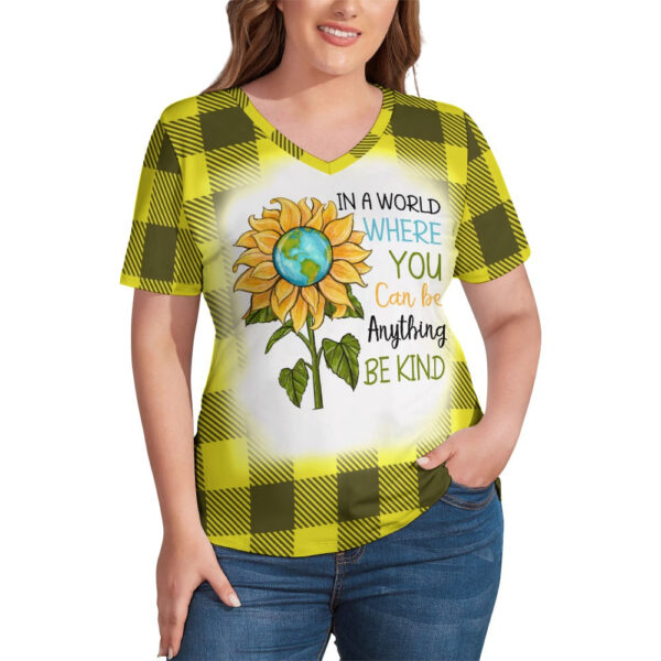 Buffalo Plaid  Be Kind Sunflower Ladies V-Neck Loose Short Sleeve T-Shirt - Image 5