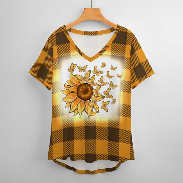 Buffalo Plaid  Sunflowers and Butterflies V-Neck Loose Short Sleeve T-Shirt - Image 2