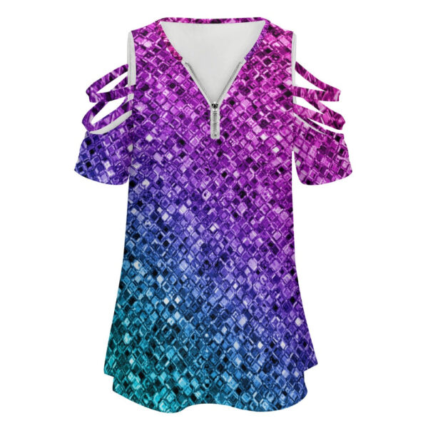Ladies Glitter Look Zip Off Shoulder Top - Image 2