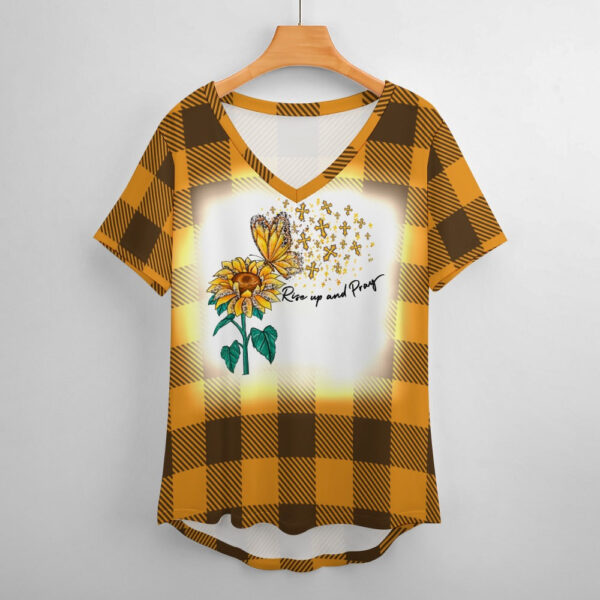 Buffalo Plaid  Rise Up and Pray V-Neck Loose Short Sleeve T-Shirt - Image 2