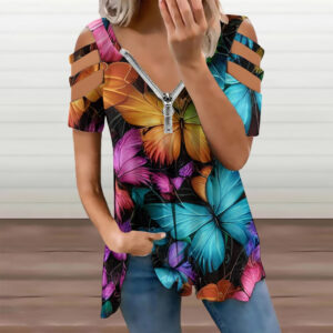 Ladies Colorful Butterfly BE Zip Off Shoulder Top
