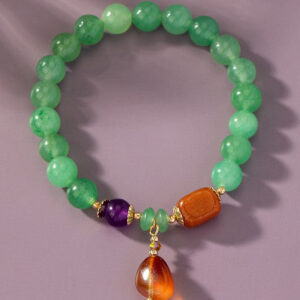 Stretch Green Agate Bracelet Red Charm Drop