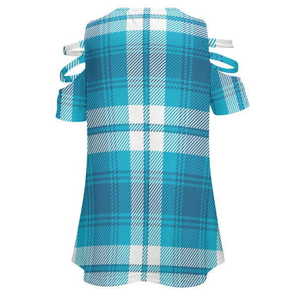 Ladies Blue Plaid BE Zip Off Shoulder Top - Image 3