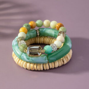 3 Row Semi Precious Stone and Wood Bead Bracelets