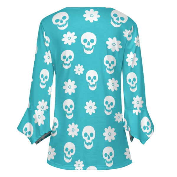 Lt Blue Floral Skulls Ruffled Petal Sleeve Top - Image 2