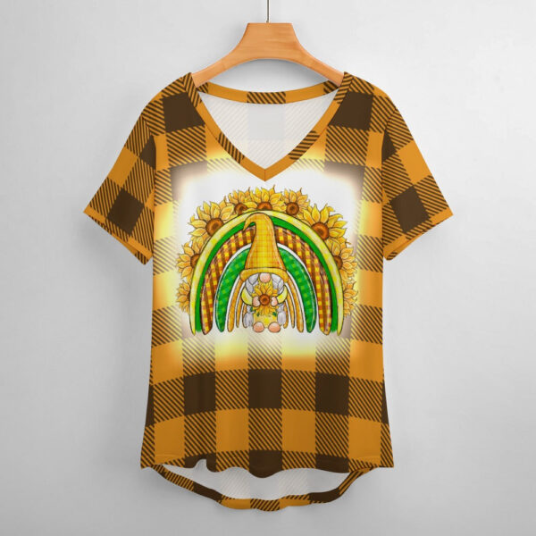 Buffalo Plaid  Gnome Sunflower Rainbow V-Neck Loose Short Sleeve T-Shirt - Image 2