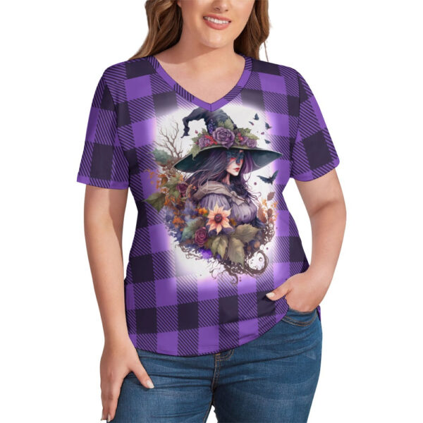Buffalo Plaid  Witch Ladies V-Neck Loose Short Sleeve T-Shirt - Image 4