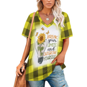 Buffalo Plaid Break Your Limits Sunflower V-Neck Loose Short Sleeve T-Shirt