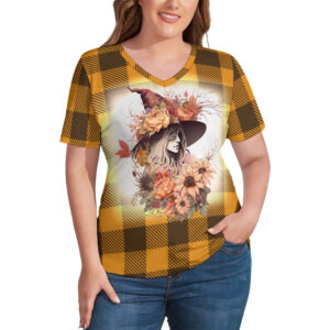 Buffalo Plaid  Witch Ladies V-Neck Loose Short Sleeve T-Shirt