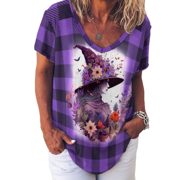 Buffalo Plaid  Witch Ladies V-Neck Loose Short Sleeve T-Shirt - Image 4