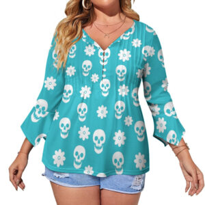 Lt Blue Floral Skulls Ruffled Petal Sleeve Top