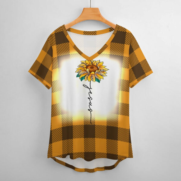Buffalo Plaid Jesus V-Neck Loose Short Sleeve T-Shirt - Image 2