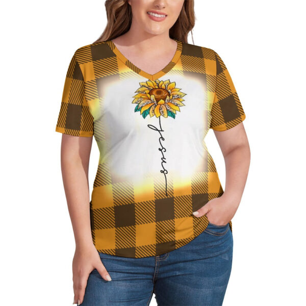 Buffalo Plaid Jesus V-Neck Loose Short Sleeve T-Shirt - Image 3