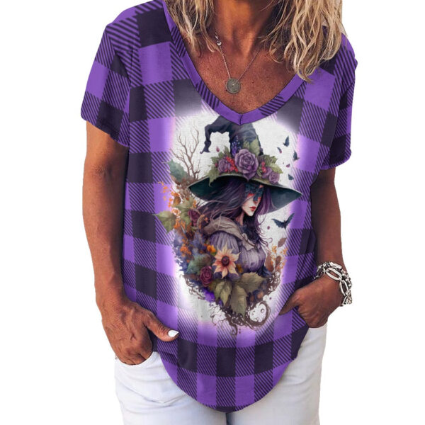 Buffalo Plaid  Witch Ladies V-Neck Loose Short Sleeve T-Shirt - Image 7