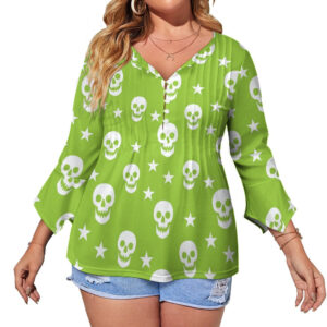 Green Skull Print Ruffled Petal Sleeve Top