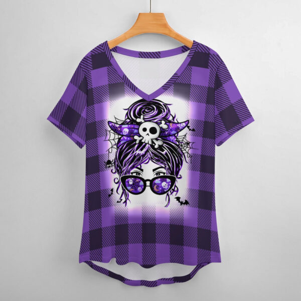 Buffalo Plaid  Witchy Ladies V-Neck Loose Short Sleeve T-Shirt - Image 2