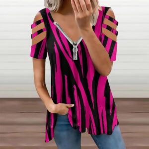 Ladies Striped BE Zip Off Shoulder Top