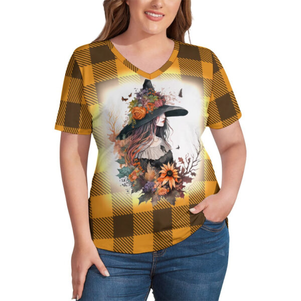 Buffalo Plaid  Witch Ladies V-Neck Loose Short Sleeve T-Shirt - Image 6