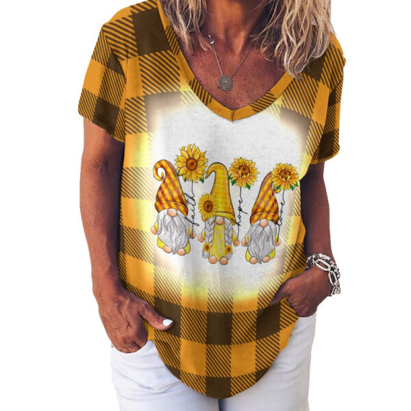 Buffalo Plaid  Gnome Sunflower V-Neck Loose Short Sleeve T-Shirt - Image 6