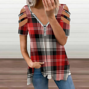 Ladies Plaid BE Zip Off Shoulder Top
