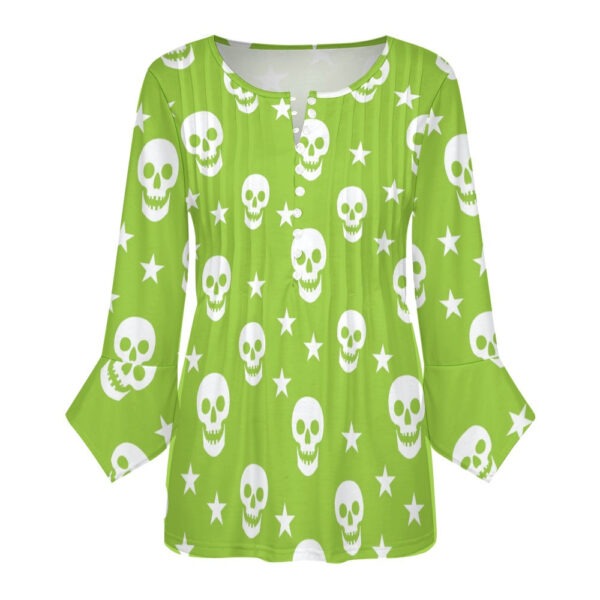 Green Skull Print Ruffled Petal Sleeve Top - Image 4