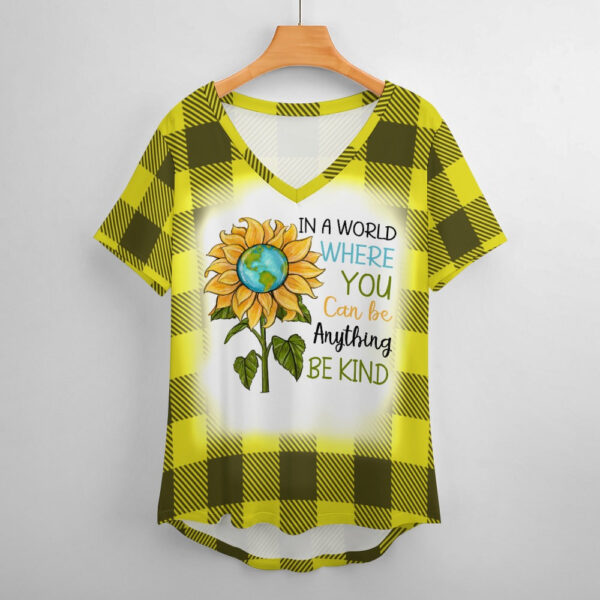 Buffalo Plaid  Be Kind Sunflower Ladies V-Neck Loose Short Sleeve T-Shirt - Image 3