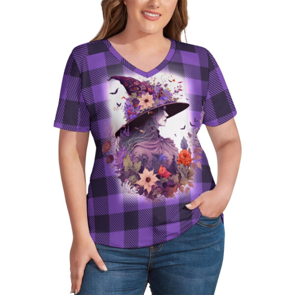Buffalo Plaid  Witch Ladies V-Neck Loose Short Sleeve T-Shirt - Image 7