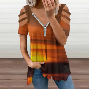 Ladies Beach Sunset BE Zip Off Shoulder Top
