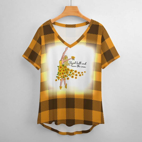 Buffalo Plaid  Stand Tall V-Neck Loose Short Sleeve T-Shirt - Image 2