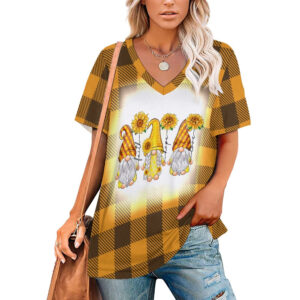 Buffalo Plaid  Gnome Sunflower V-Neck Loose Short Sleeve T-Shirt