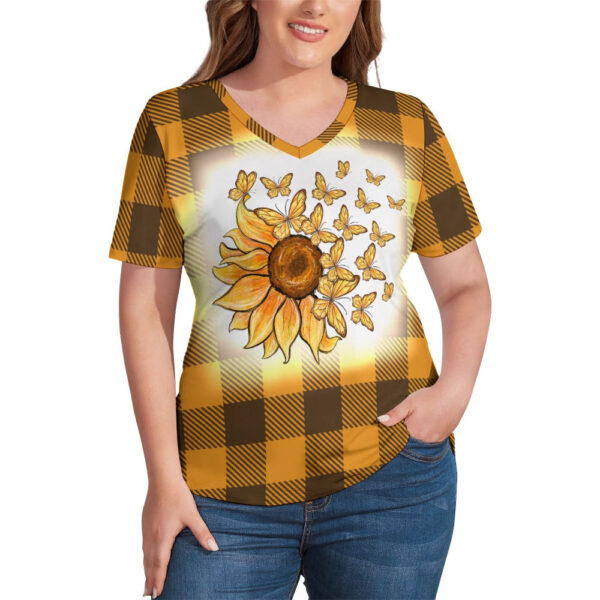 Buffalo Plaid  Sunflowers and Butterflies V-Neck Loose Short Sleeve T-Shirt - Image 5