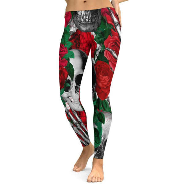 Skulls and Roses Soft Ladies Tight Yoga Pants - Image 3
