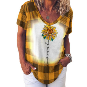 Buffalo Plaid Jesus V-Neck Loose Short Sleeve T-Shirt