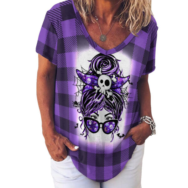 Buffalo Plaid  Witchy Ladies V-Neck Loose Short Sleeve T-Shirt - Image 6