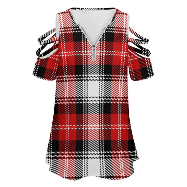 Ladies Plaid BE Zip Off Shoulder Top - Image 5