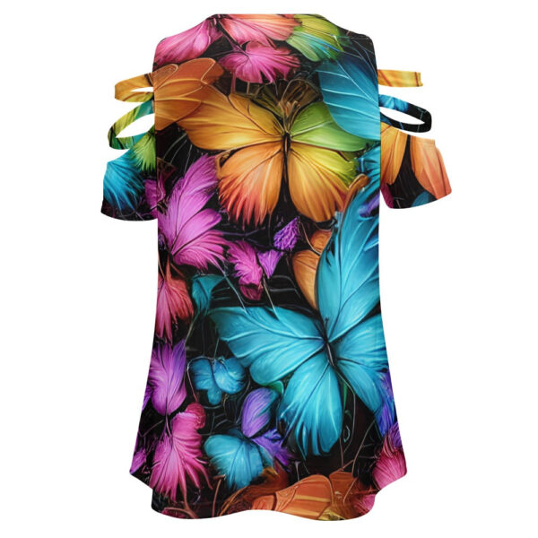 Ladies Colorful Butterfly BE Zip Off Shoulder Top - Image 2