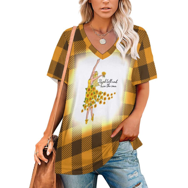 Buffalo Plaid  Stand Tall V-Neck Loose Short Sleeve T-Shirt - Image 7