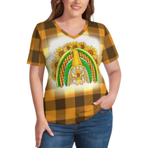 Buffalo Plaid  Gnome Sunflower Rainbow V-Neck Loose Short Sleeve T-Shirt
