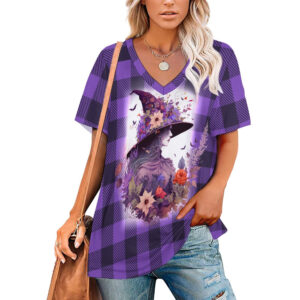 Buffalo Plaid  Witch Ladies V-Neck Loose Short Sleeve T-Shirt