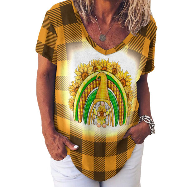 Buffalo Plaid  Gnome Sunflower Rainbow V-Neck Loose Short Sleeve T-Shirt - Image 5