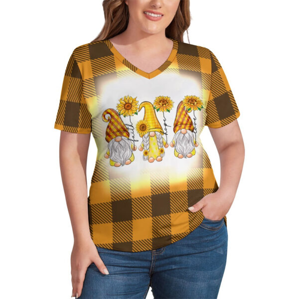 Buffalo Plaid  Gnome Sunflower V-Neck Loose Short Sleeve T-Shirt - Image 4