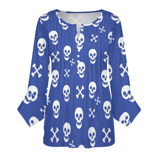 Blue Skull Print Ruffled Petal Sleeve Top - Image 2