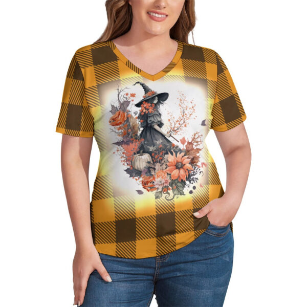Buffalo Plaid  Witch Ladies V-Neck Loose Short Sleeve T-Shirt - Image 5