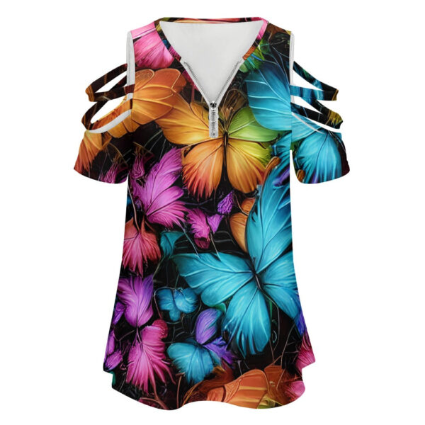 Ladies Colorful Butterfly BE Zip Off Shoulder Top - Image 4