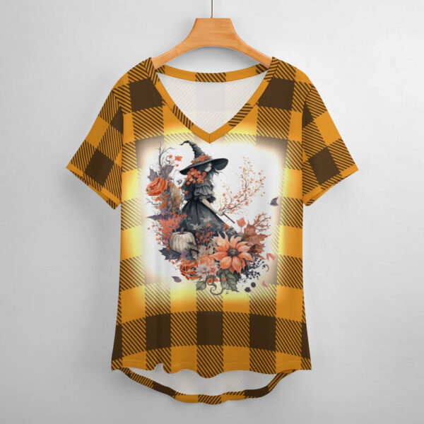 Buffalo Plaid  Witch Ladies V-Neck Loose Short Sleeve T-Shirt - Image 3